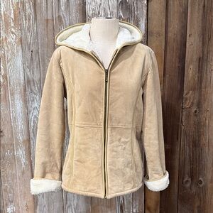 MAURICES Genuine Leather Hooded Coat SmallVintage Faux Sherpa Fur lining Pockets